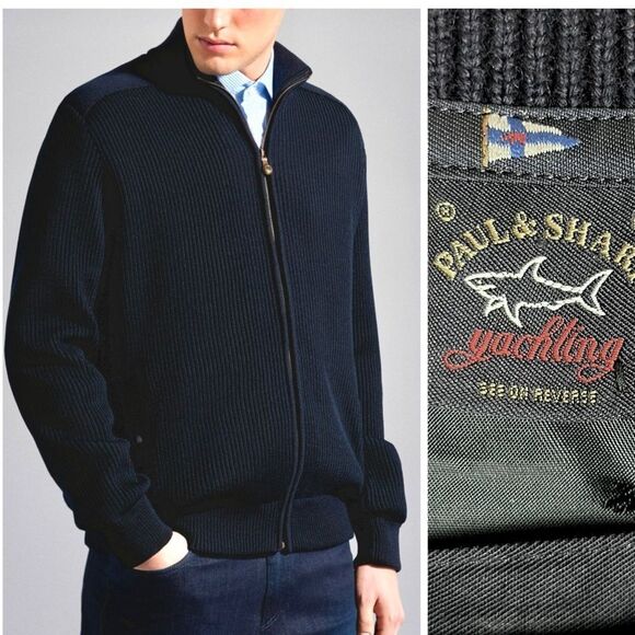 Paul & Shark Men's Navy Blue Wool Full Zip Sweater Cardigan Fully Lined Jacket M - Picture 1 of 16
